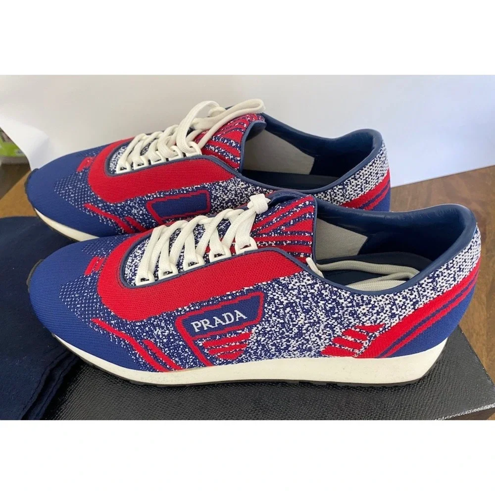 PRADA 2EG272 RED‎ BLUE FABRIC TRAINERS KNIT LOGO LACE UP SNEAKERS UK 7
